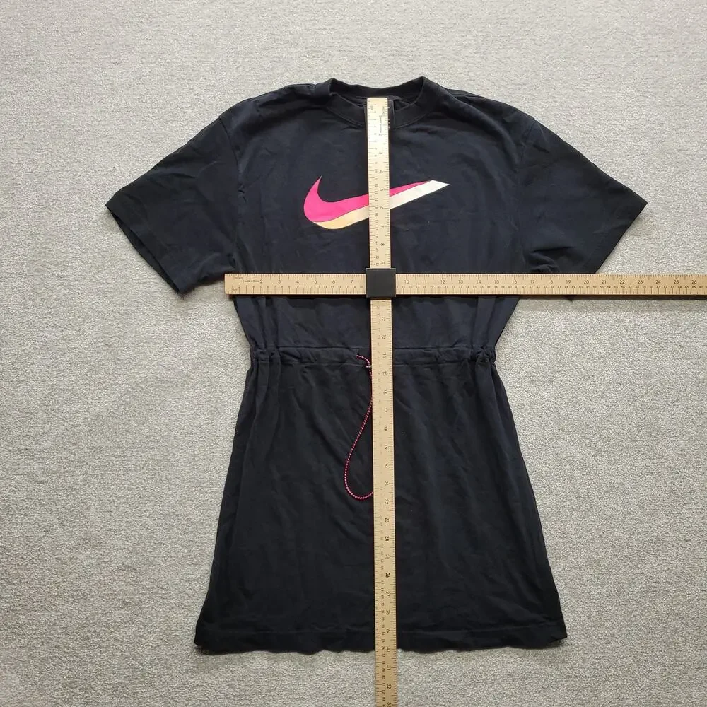 Nike Womens S Black Swoosh T Shirt Dress Cinch Waist Short Sleeve Athletic